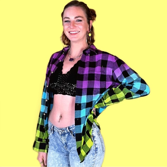 Oversized Flannel Shirt Dip Dye Purple Neon Green Blue Ombre Gradient Tie Dye - Picture 4 of 7